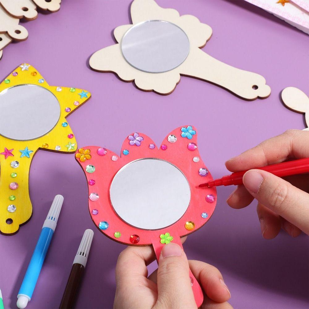 1 Set DIY Wooden Mirror Craft Unfinished with Paintbrushes Kids Decorate Mirrors Birthday Party Gift Princess Mirror Crafts