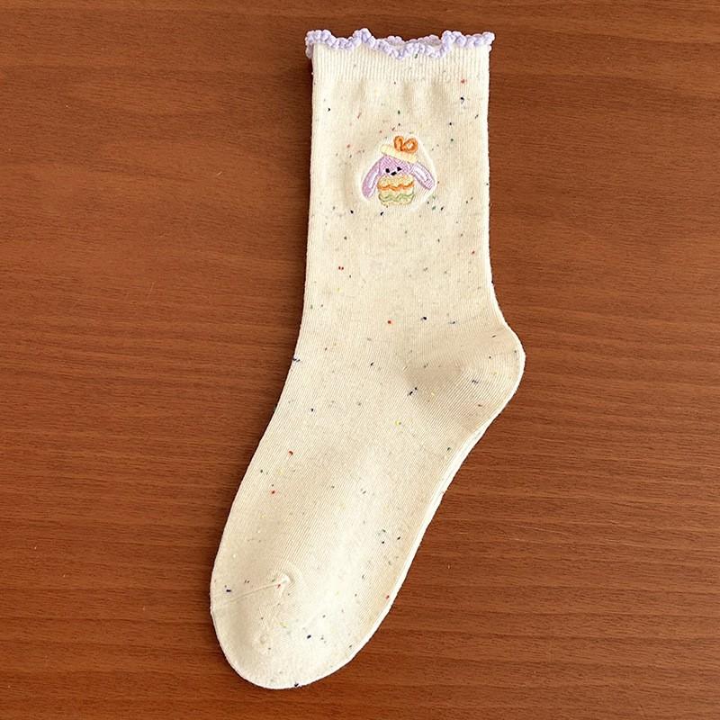 Socks Pure Cotton Stacking Socks Season Idea Yarn Cute Cartoon Embroidered Fungus Edge Cotton Medium Tube Socks