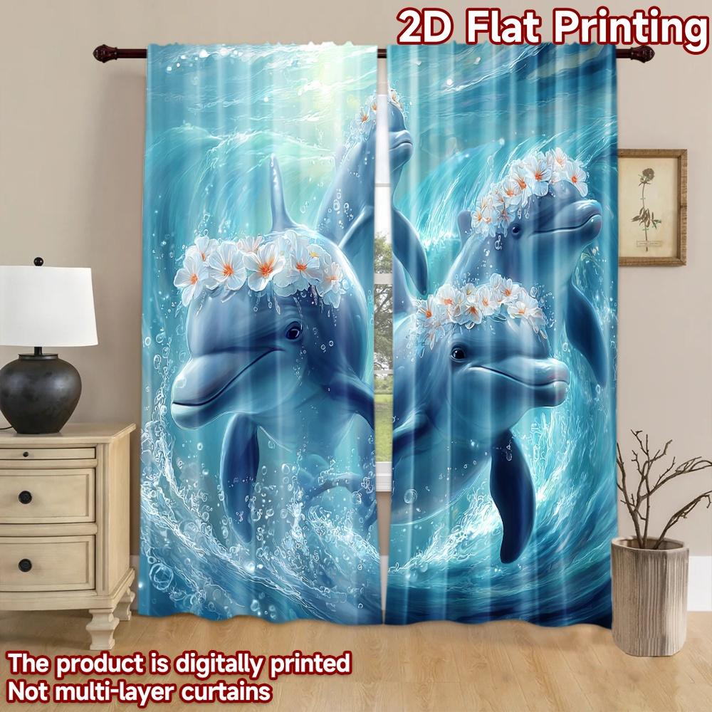 2D Flat Printing 2pcs Curtains Dolphins Playing In Ocean Waves Digital Printed Polyester Drapes All Season Party & Holiday Decor