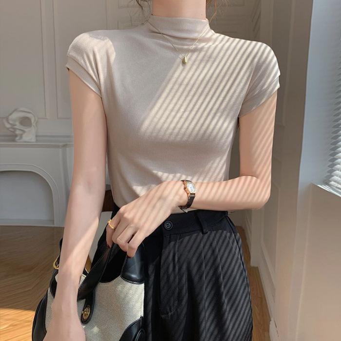 A Cold Semi-turtleneck Black Modal Short-sleeved T-shirt Women's Summer Shoulder High-end Short Top