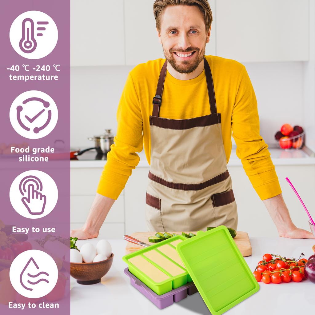 2Pcs Silicone Butter Mold with Lid 4-Cavity Butter Tray Non-Stick Butter Containers Holds 8 Tablespoons for Energy Bars Brownies