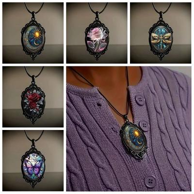 Vintage Gothic Glass Pendant Sun Moon Style Flower Pattern Halloween Rope Chain Jewelry Accessories