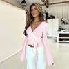 Autumn 2025 V-Neck Bell Sleeve Tie-Up Casual Top for Women