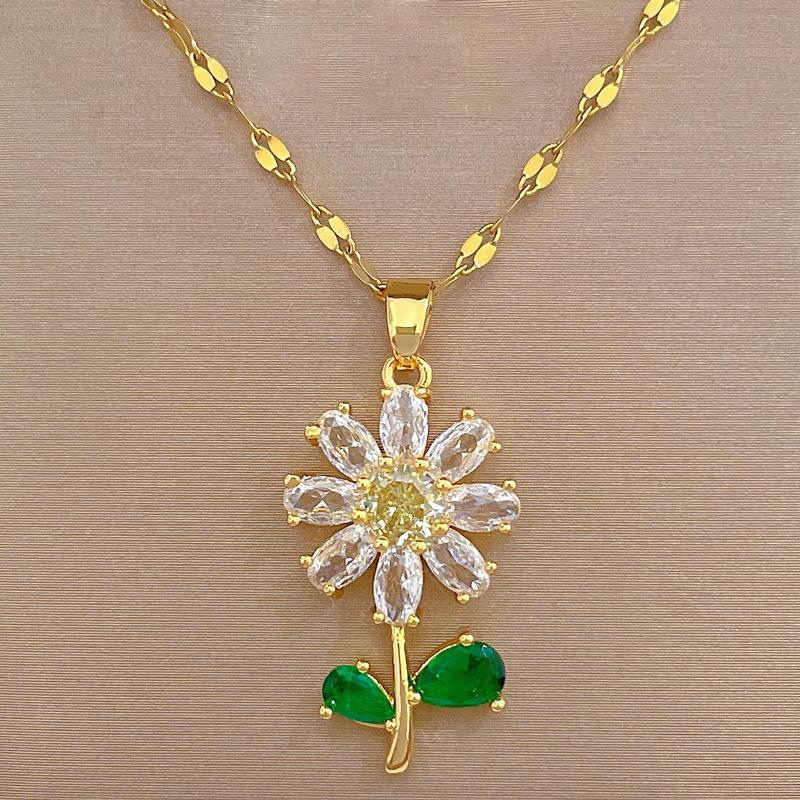 Classic Green Leaf Flower Necklace and Earrings Set Light Luxury Sunflower Personalized Banquet Stainless Steel Jewelry