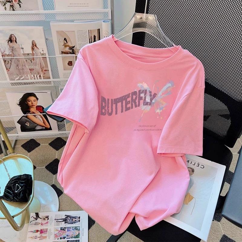 Butterfly Printed Cotton Short-sleeved T-shirt Women's Summer New Design Sense Fashionable Versatile Large-size Half-sleeved Top