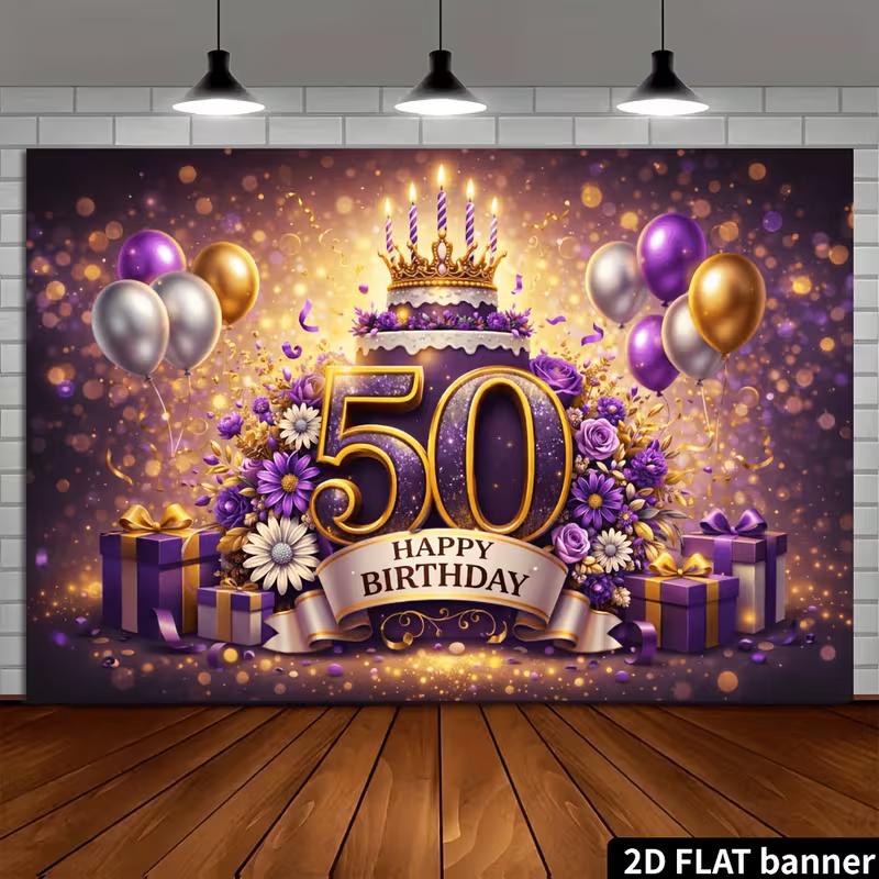 2D Purple Gold 50th Birthday Backdrop, Elegant Crown & Cake Party Background Cloth