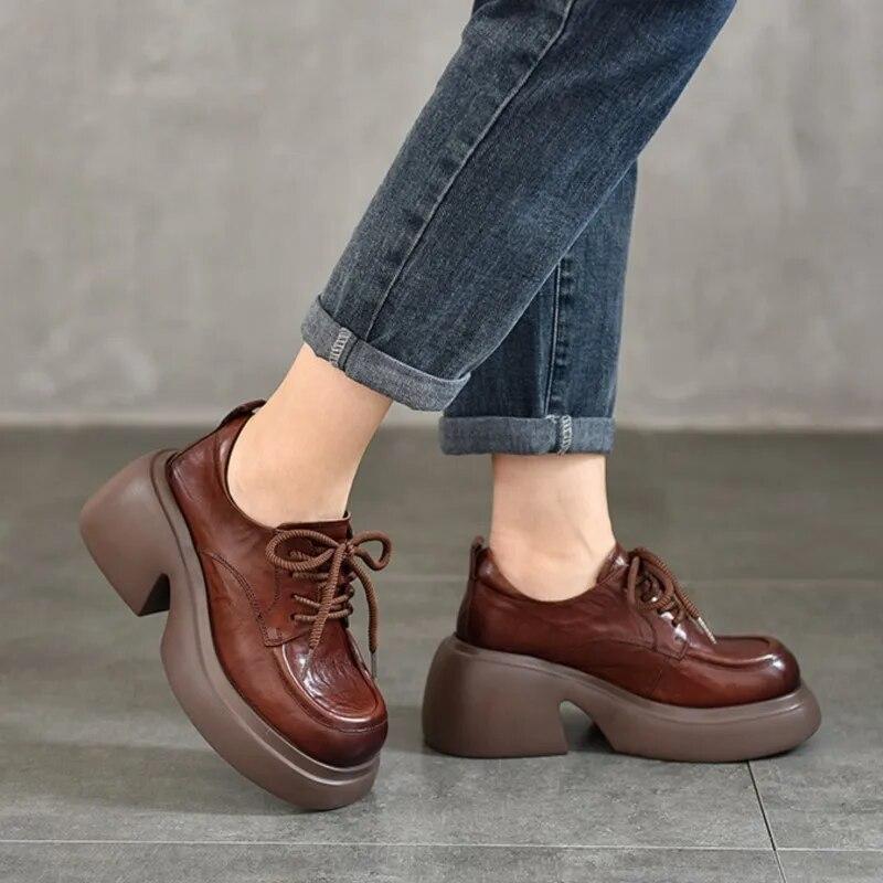 Johnature Lodičky na vysokém podpatku z pravé kůže Ženy Nepromokavé Platforma Šněrování Hrubé podpatky Boty na klínku