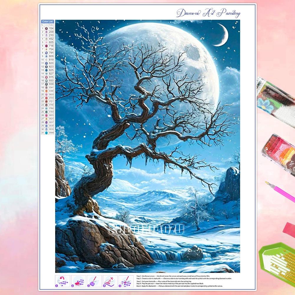 Pictură Diamant DIY Copac Lună Fantastică Peisaj Strasuri Foraj Complet Mozaic Broderie Handmade Decor Acasă Cadou Noutăți