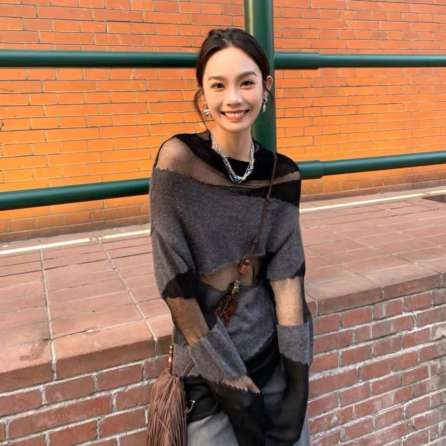 Jarní a podzimní síťované všívání Vysoký výstřih Volný Dutý Pletený Svetr Dámský Tenký Svetr