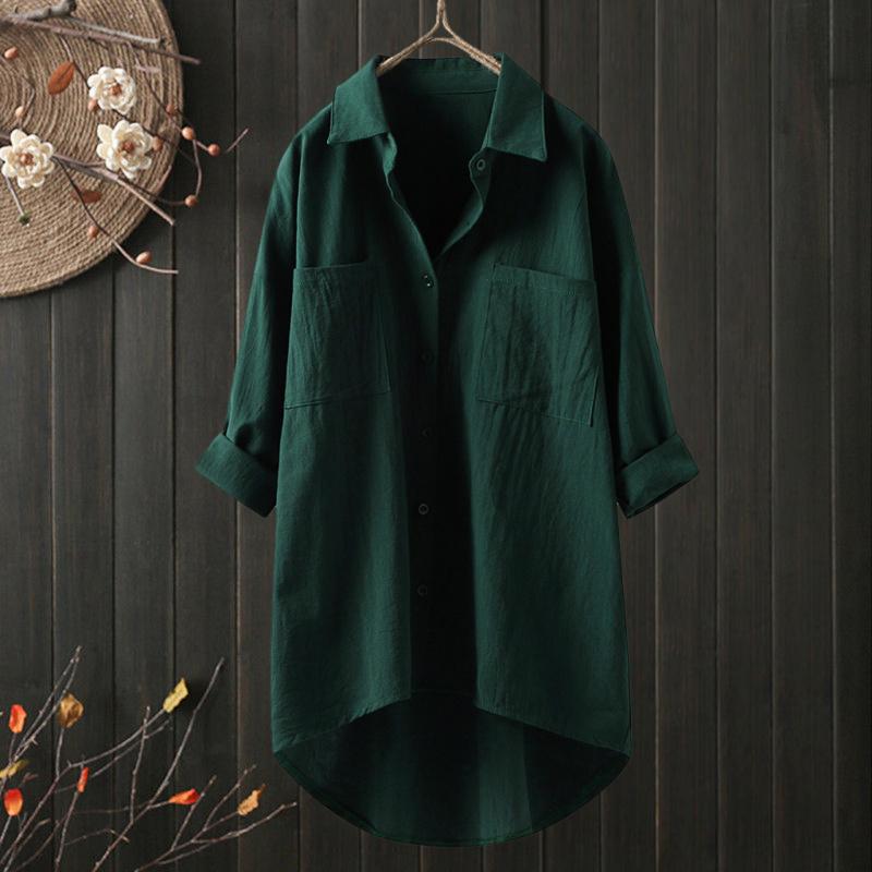 2026 Lente en Herfst Nieuw Dames Casual Stijl Effen Kleur Shirt Katoen Linnen Vest met Dubbele Zakken Lange Mouw Top