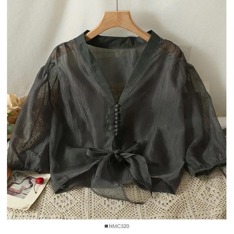Zomerstijl Blouse met Pofmouwen voor Dames: Lichtgewicht Chiffonen Top met Vetersluiting in Franse Stijl, Beschermend tegen de Zon