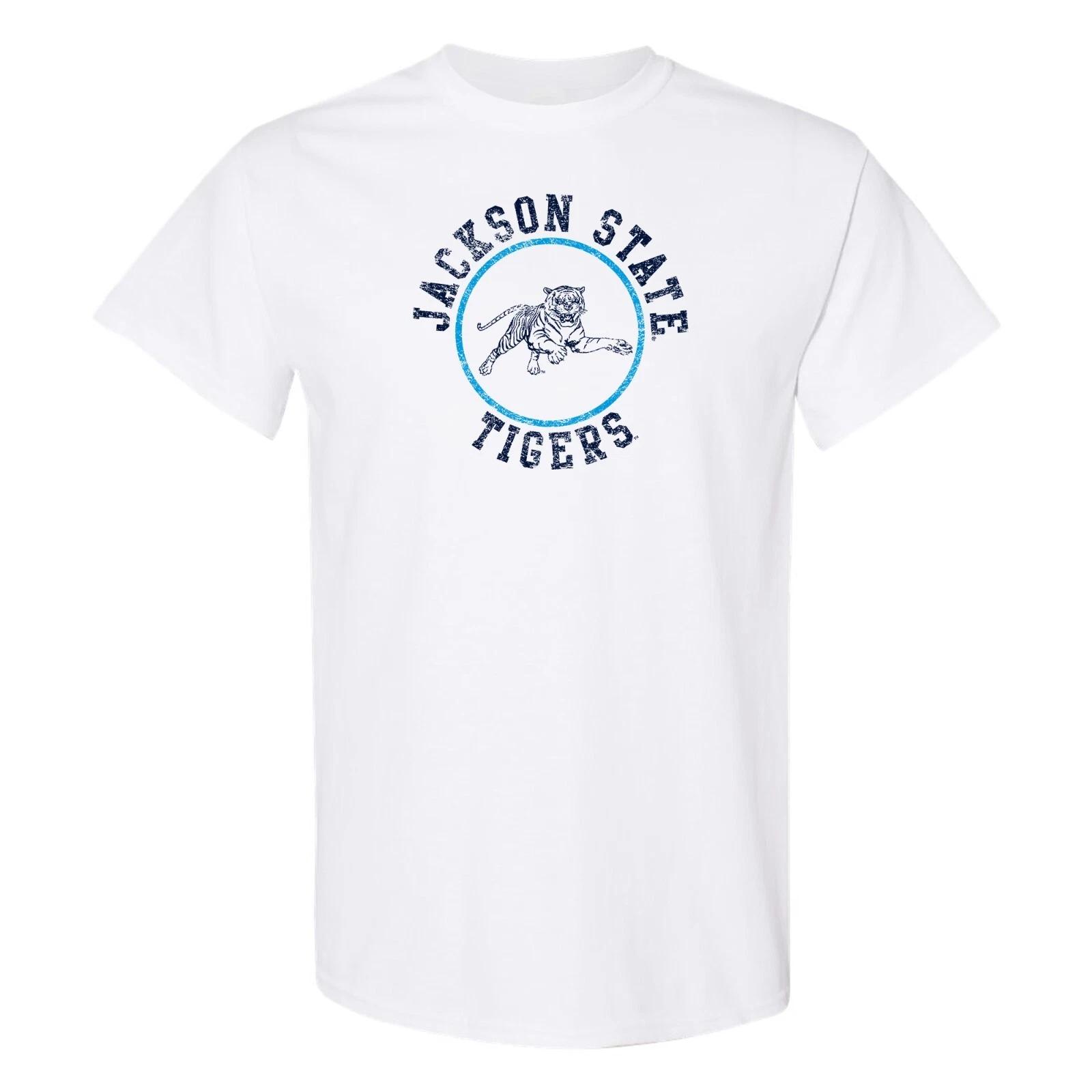 Jackson State Tigers Distressed Circle Logo - NCAA University T Shirt - White 4XL