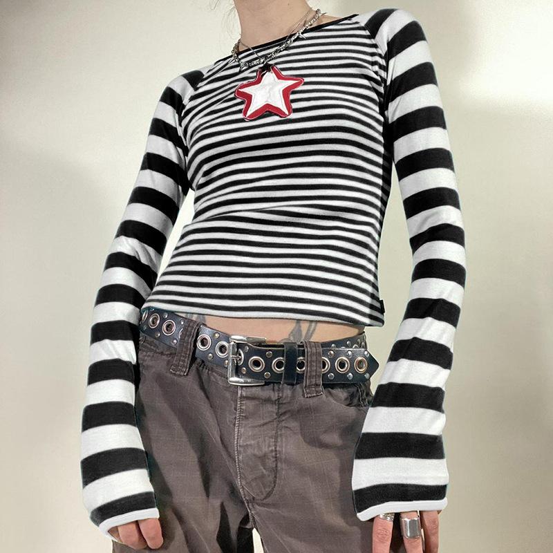 Harajuku Casual Pullovers Aesthetic Ladies 2022 Autumn Fashion T-Shirt Vintage Star Print Striped Long Sleeve Crop Top for Women