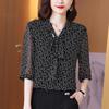 Women Bow Chiffon Blouse Big Size Summer Half Sleeve V Neck Black Casual Top Pullover Loose Vintage Fashion Shirt