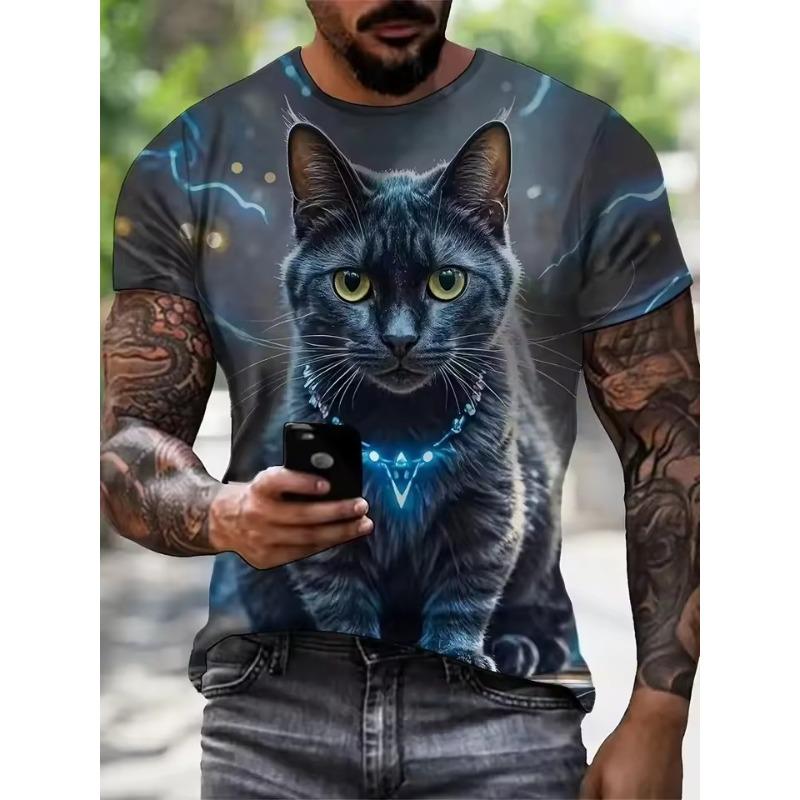 Summer Men's Funny Cute Cat 3d Printed Short Sleeve T-Shirt Loose Street Wear T-Shirt Casual Simple Suitable Children