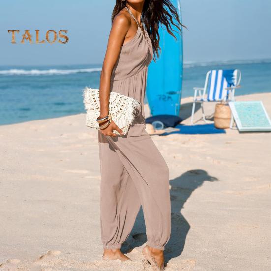 Women's Halter Maxi Jumpsuit Pleated Deep V Neck One Piece Jogger Long Pants with Pockets Casual Beach Sleeveless Rompers