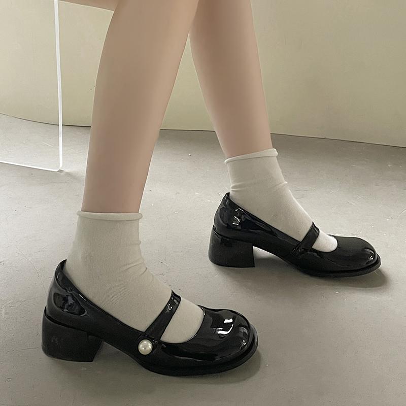 Fashion Elegant Solid Black Patent Leather Mary Jane Shoes Women 2025 Autumn Luxury Pearl High Heel Pumps Fashion Dress Party Shoes