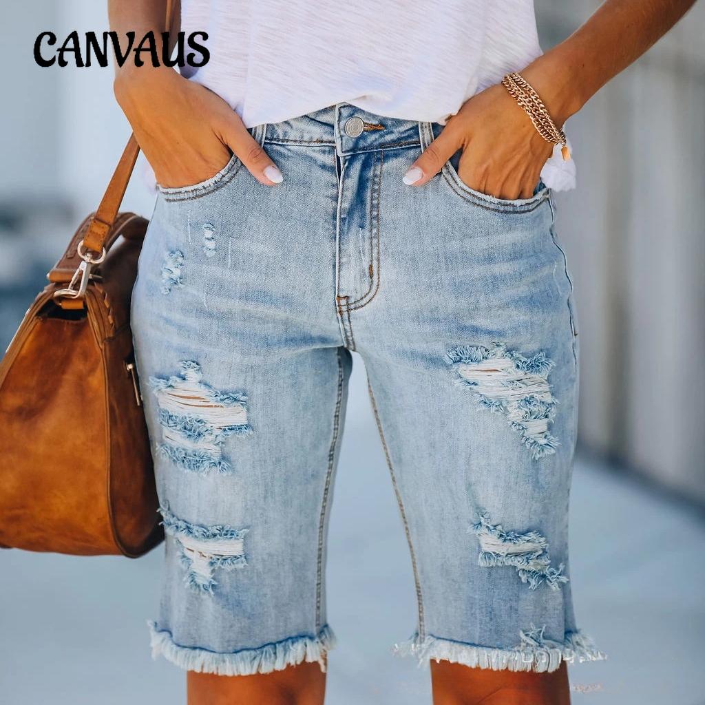 Yaz Kadın Denim Yırtık Moda Ham Kenar Saçaklı Kot