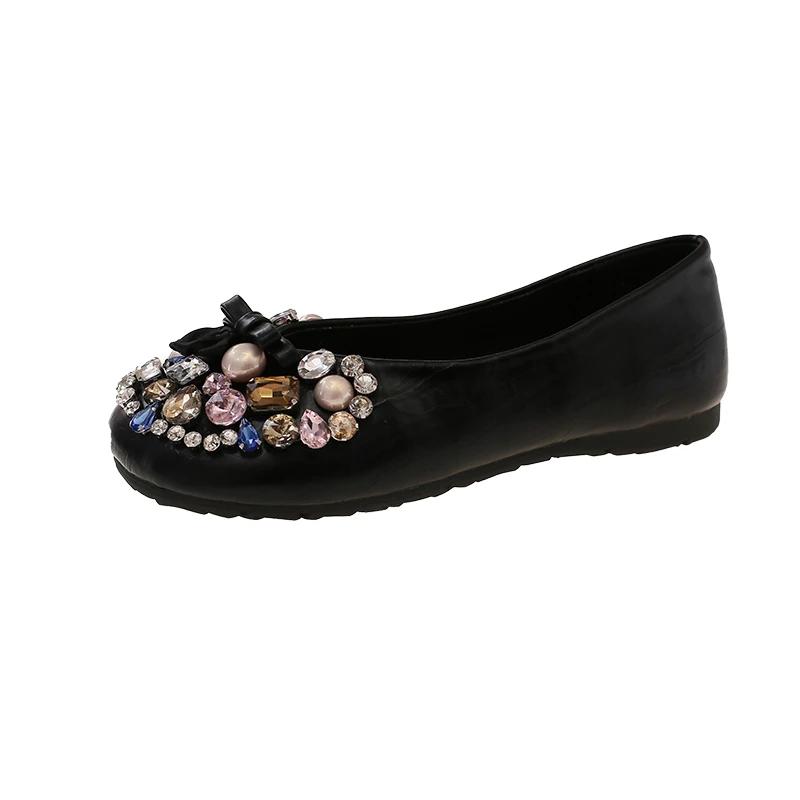 Fashion Flat Single Shoes Autumn New Round Toe Shallow Mouth Slip-on Rhinestone Bow Non-Slip Low Top Shoes