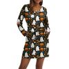 Women's Fashionable V-neck Long Sleeved Drawstring With Pocket Halloween Printed Casual Dress
