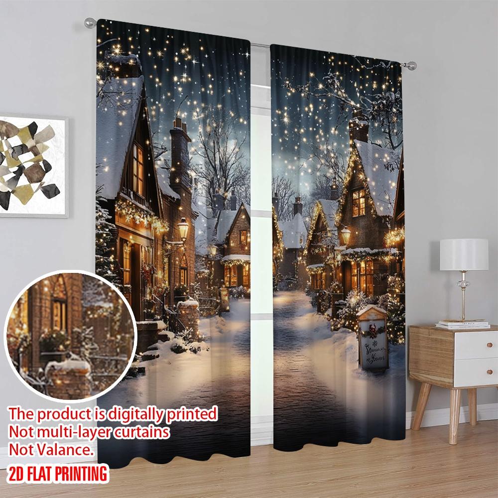 2Pcs 2D Flat printingChristmas Village Curtains Christmas Rustic House Winter Snowy Christmas Suitable For Bedroom Living Room