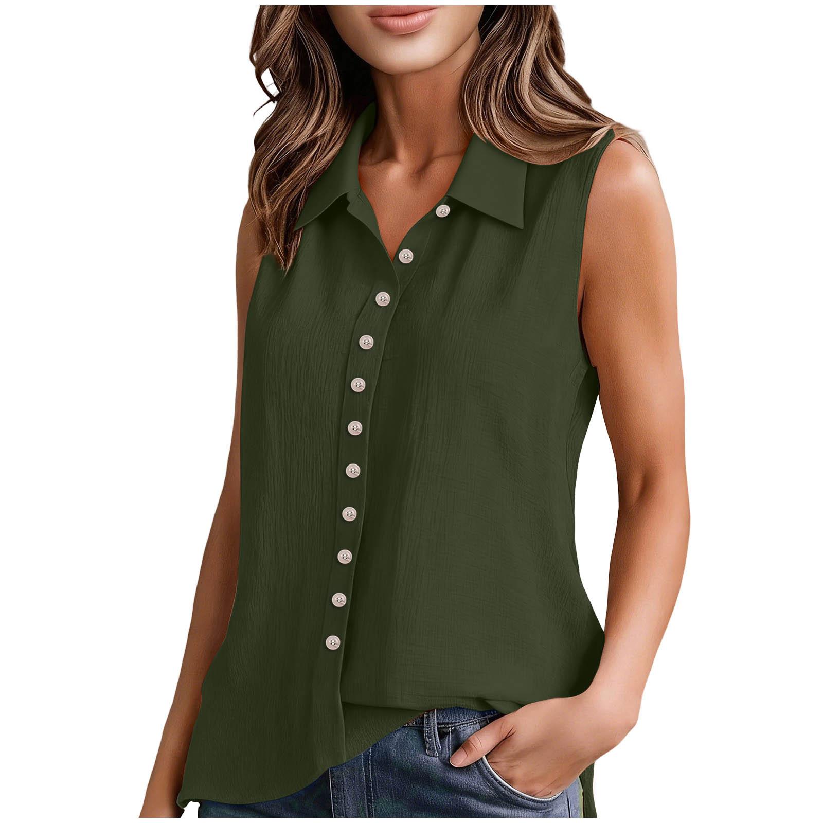 

Women’s Fashionable Plain-Coloured Cotton-Linen Single-Breasted Sleeveless Shirt- T-Shirt L