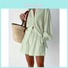 Fall Womens Printed Cotton Blouse And Shorts Set With Pockets For Casual Office Wear