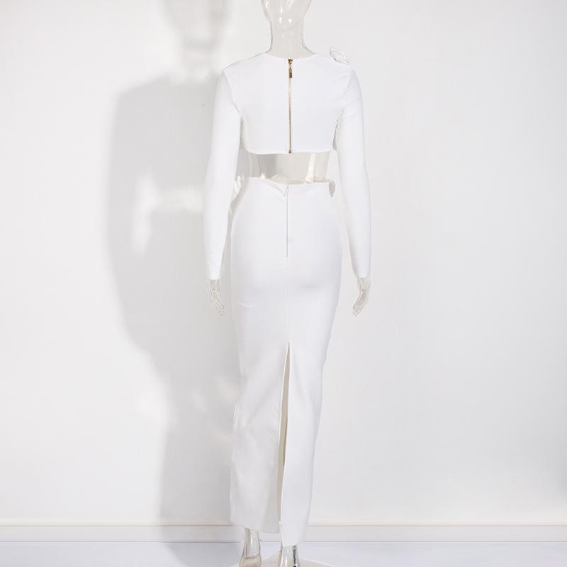 Elegant European & American Floral Long-Sleeve Top and Slit Skirt Set - Sexy Independent Design for Women