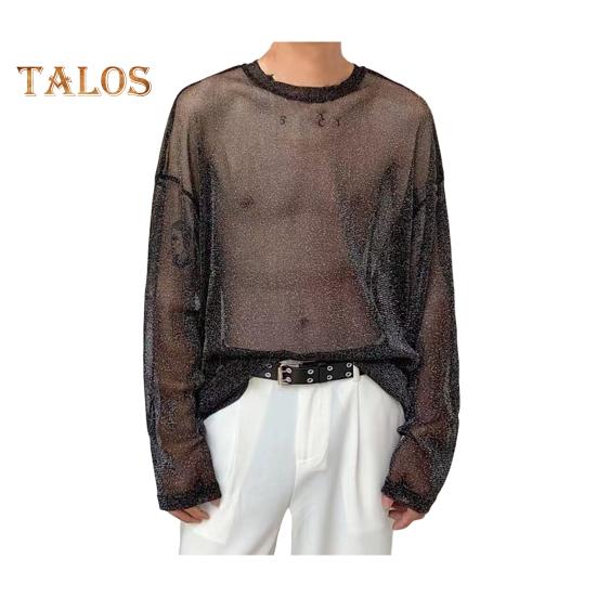 

Мужской сетчатый топ, тонкий, прозрачный, блестящий, с пайетками, сетка с круглым вырезом, длинные рукава, однотонный, эластичный, свободный крой, укрепляющий мышцы, домашняя одежда для вечеринок, клубов, танцев XL чёрный