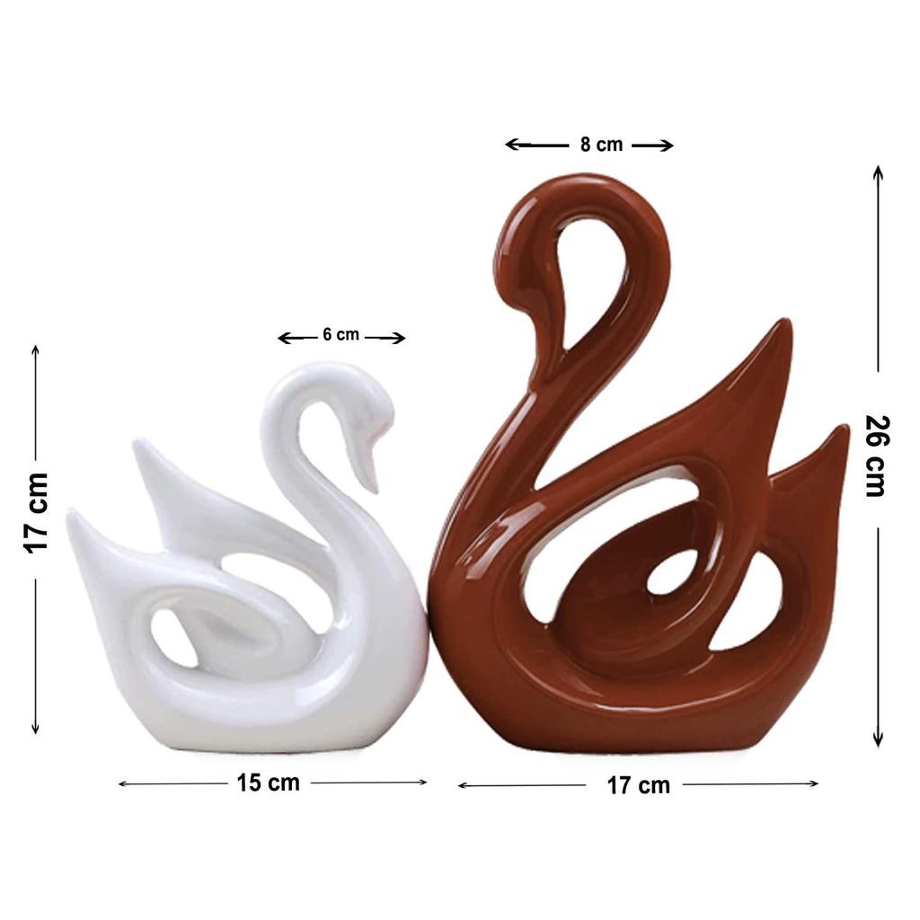Lucky Swan Couple Piano Finish Ceramic Figures for Home Decor (Set of 2 Pc, Large, Brown & White)