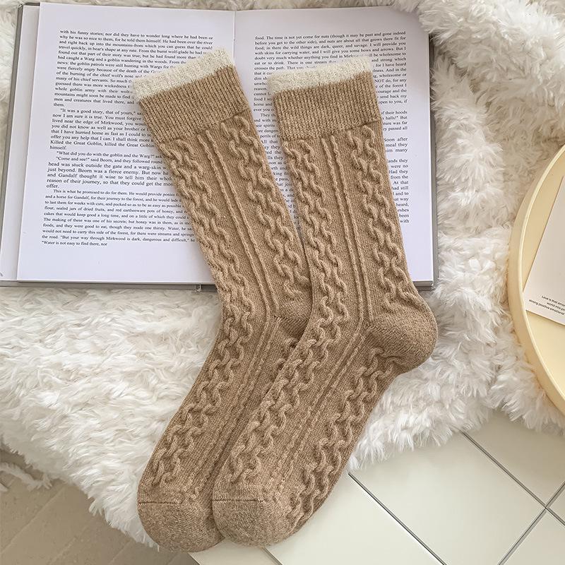

Women s Wool Socks: Contrasting Colors, Fluffy Opening, Mid-Calf, Thick & Warm, Trendy Slouchy Design for Winter. One size