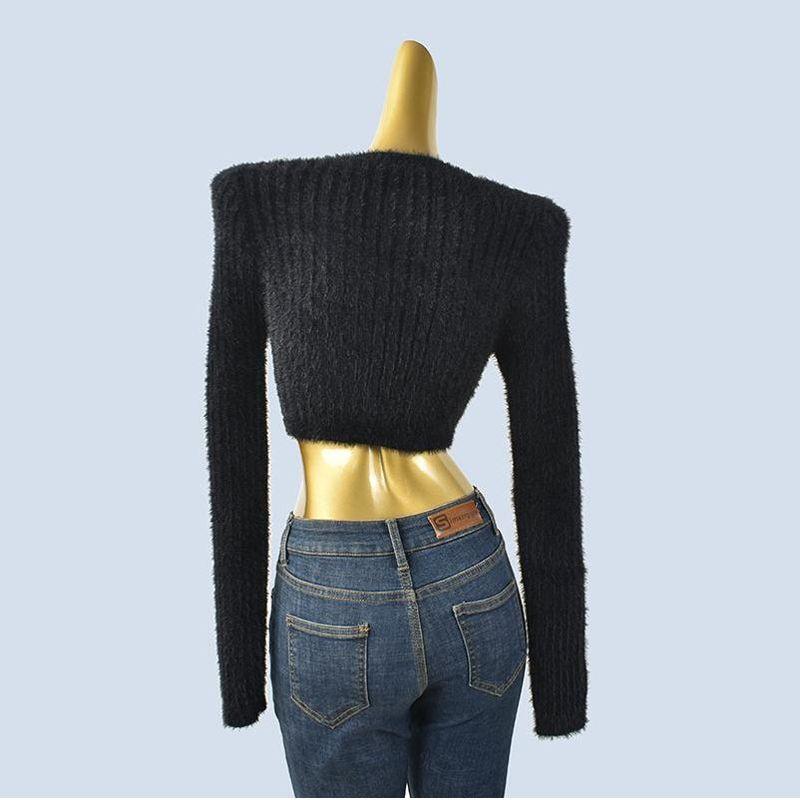 High Quality Thick Round Neck Ultra Short Long Sleeves Slim Fit Midriff-Baring Imitation Mink Knitting Bottoming Shirt Fall and Winter Women Pullover