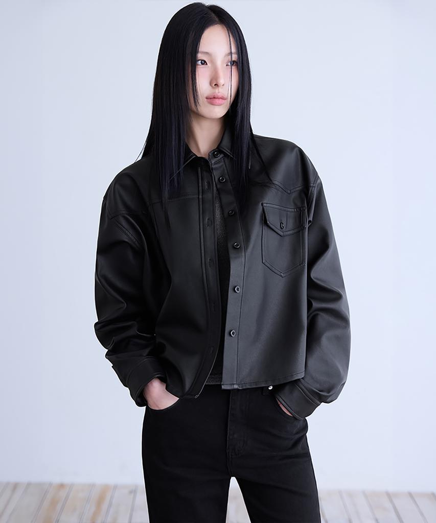 Londonda Faux Leather Shirt Jacket, Black