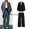 With Padded Shoulder Lapel Long Sleeve Suit Coat 2129095 Pleated Wide Leg High Waist Casual Trousers 2125095