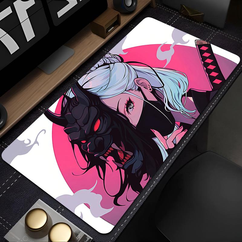 Gaming Mouse Pad Large Desk Mat Antislip Stitched Edges Dark Anime Girl Mask Print Waterproof Mat for Home Use