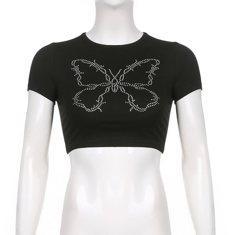 

Y2K Ретро бабочка Hot Diamond Slim Fit пуловер с круглым вырезом и коротким рукавом с открытым пупком футболка для женщин L чёрный