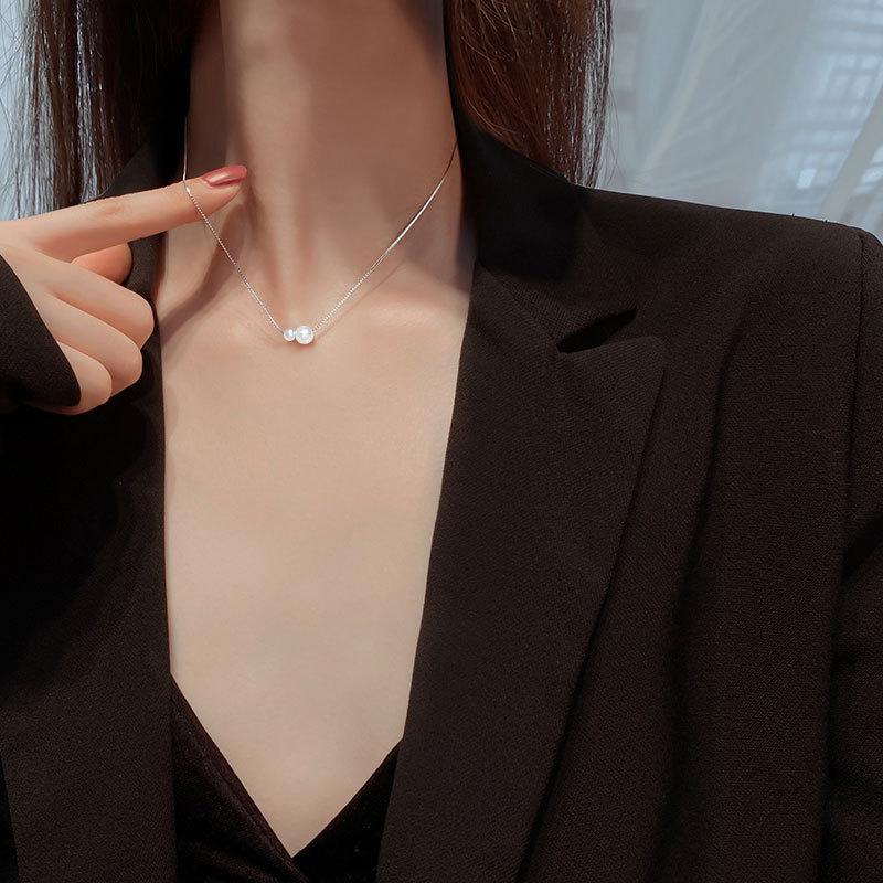 Yuan Quan Jewelry Pearl Necklace for Women, Double Pearl Collarbone Chain, Gift Neck Decoration, Box Chain, Simple