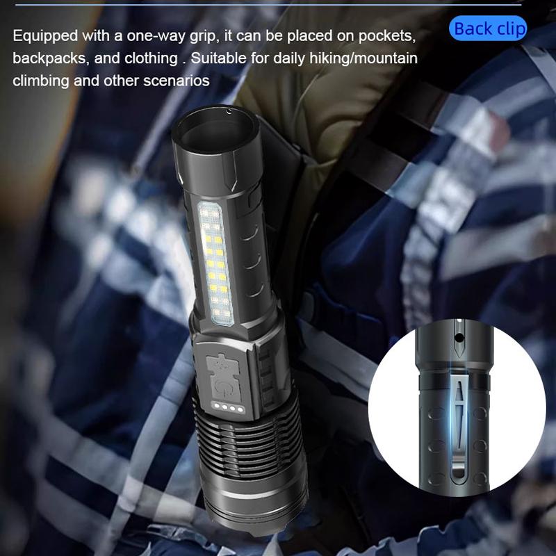Lanternă LED Reîncărcabilă de Mare Putere cu Lumină Laterală, Lumină Tip Torță Pentru Camping în Aer Liber, Lumină de Drumeție, Lumină Intermitentă Puternică