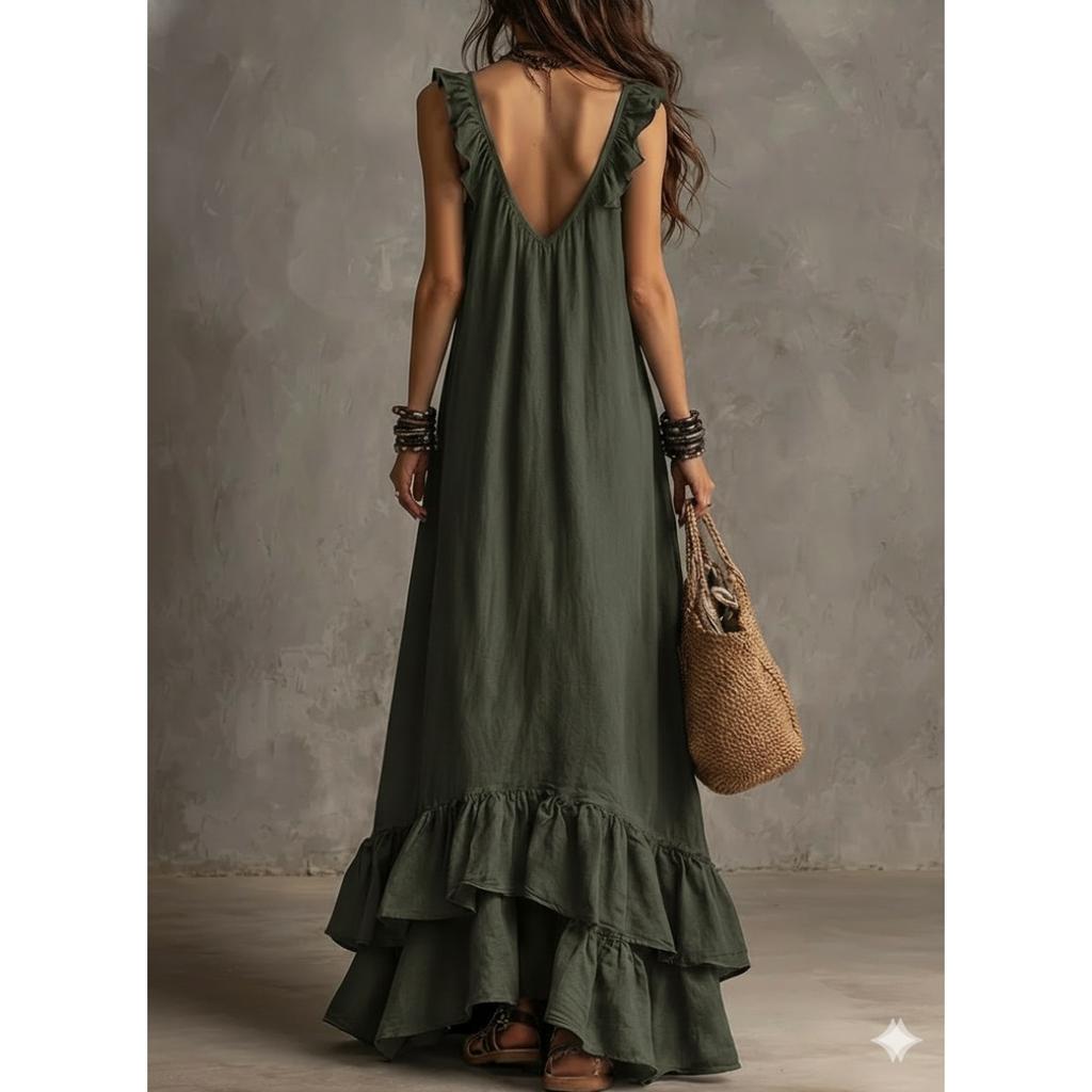 Boho Vintage V-Neck Short Sleeve Ruffle Casual Urban Dress for Women, European American Crossbody Summer Sundress