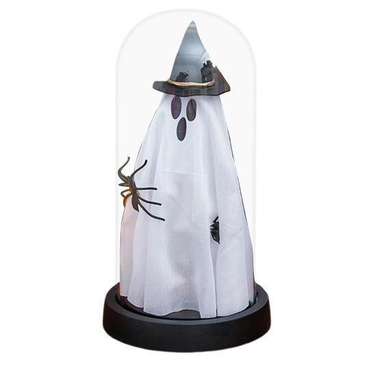 Yousheng Halloween Ghost Decor Light Up Ghost in Glass Cloche with Wood Base Cute Ghost Night Light Decoration for Table Shelf Fireplace Room Decor