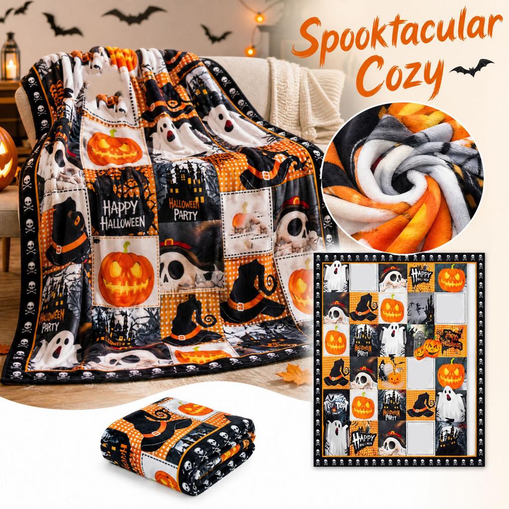 Halloween Flannel Blanket with Single-Sided Print for Couch Bed Sofa
