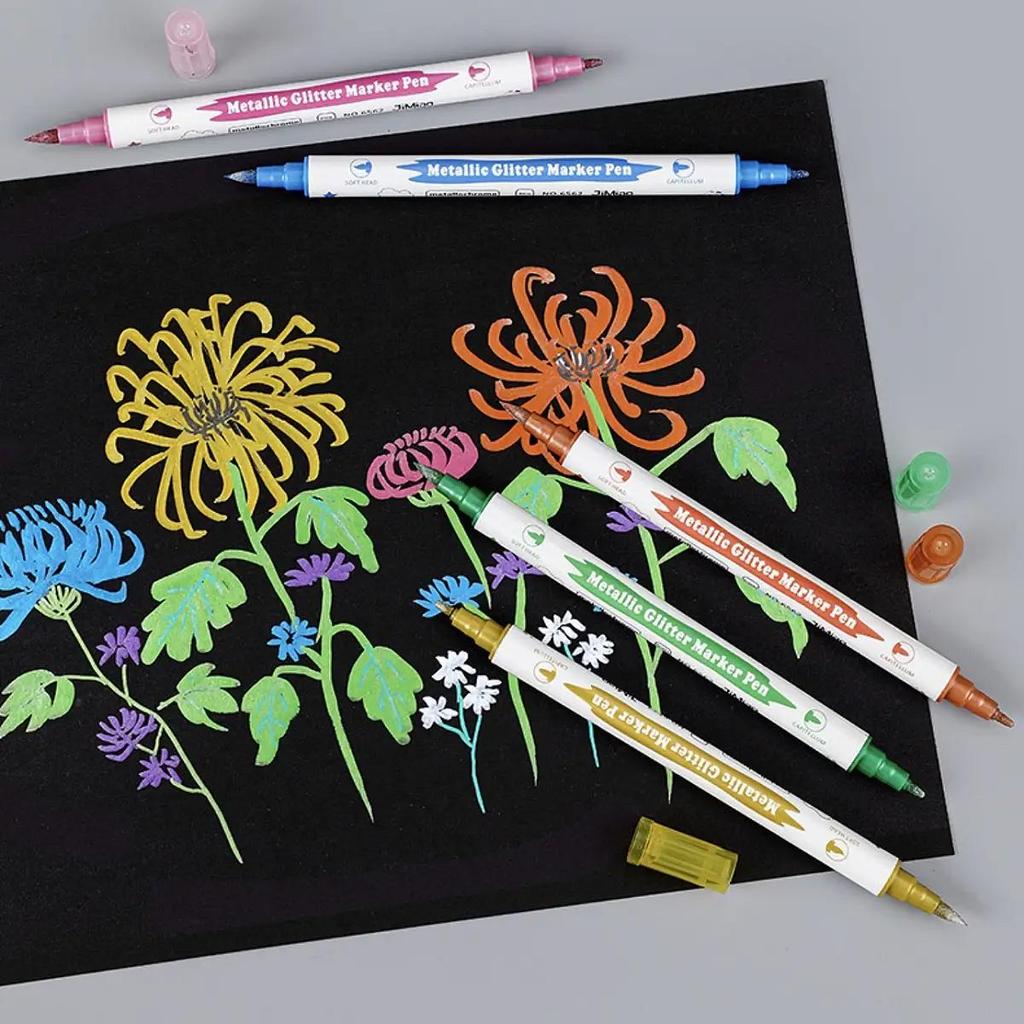 10pcs Metallic Glitter Dual Tip Marker Pens, with Brush And Fine Nibs, For Album DIY, Black Cards, Scrapbooking, Craft Supplies