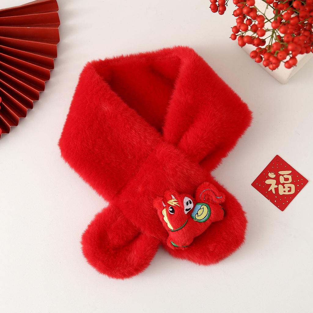 Autumn Winter Children's Scarf Chinese Style Zodiac Animals Red Scarf Cartoon Pony Plush Neck Warm Scarves New Year Gift