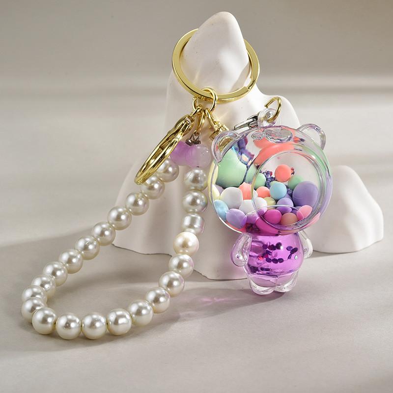 Acrylic Colorful Bead Bear Keyring With Pearl Chain For Children Gift And Celebration