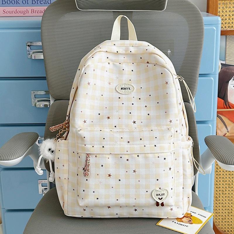 Schoolbag Plaid Backpack Female Middle and High School Students Simple Versatile Fashion Book Cute Stars Lightweight Travel Backpack