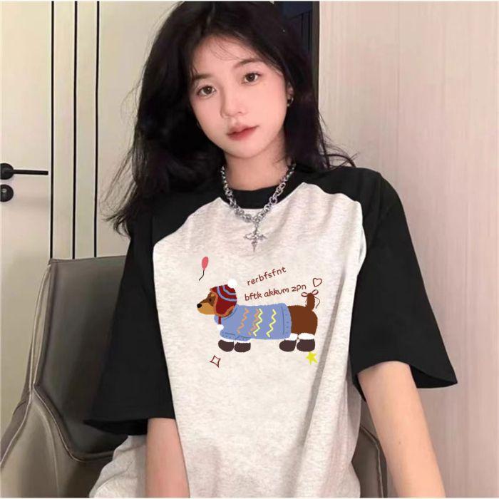 Loose Large Color-blocked Rotator Sleeve Rag-sleeved Short-sleeved T-shirt for Women In Spring and Summer Korean Style Design Top