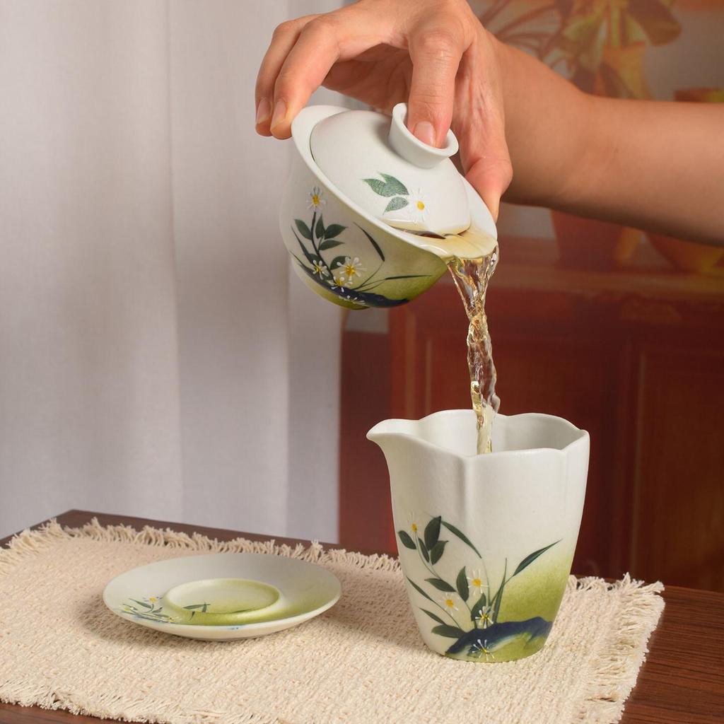 Luxury Hand-Painted Ceramic Gaiwan & Tea Tasting Cup Set for Women