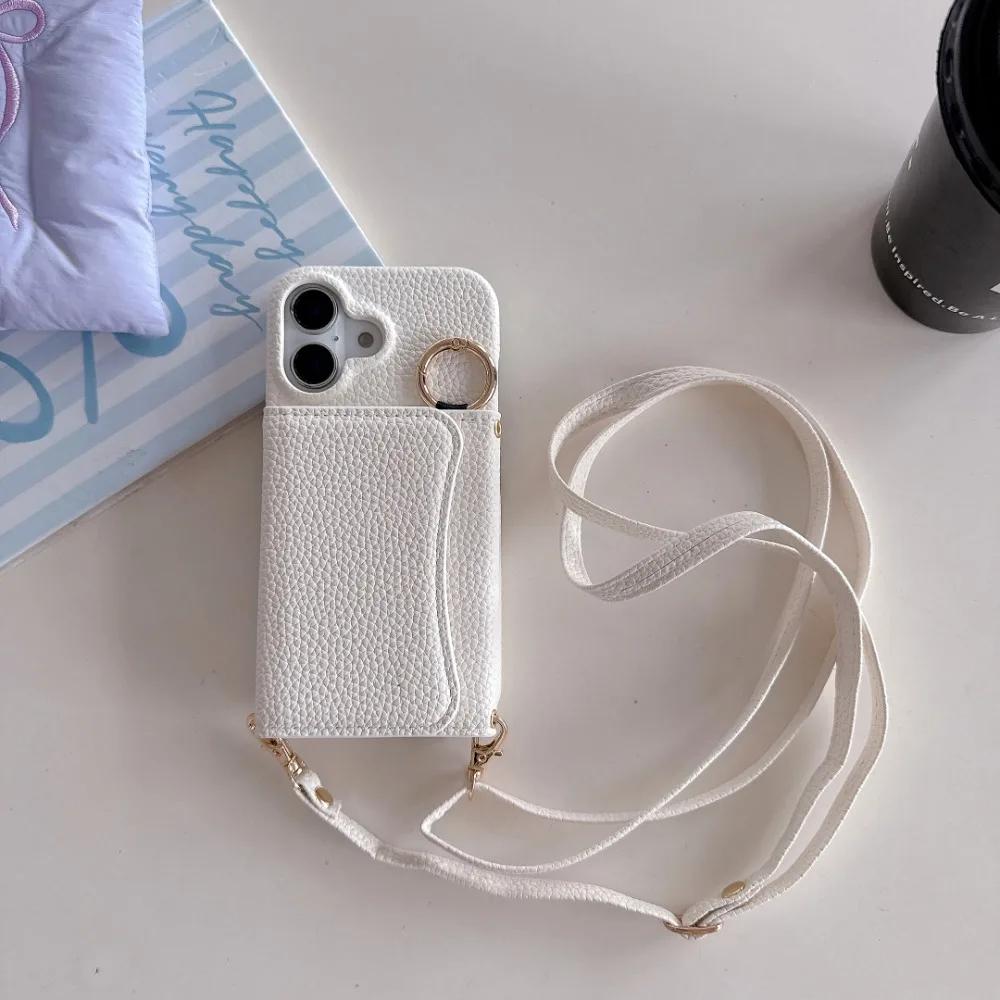 Wallet Card Holder Slot Phone Case for IPhone 16E 16 15 14 Pro 13 12 Mini 11ProMax Ring Crossbody PU Leather Anti-fall Cover