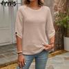 Damenmode, lässig, Sommer, Frühling, einfarbig, 1/2-Ärmel, O-Ausschnitt, Blusen und Hemden