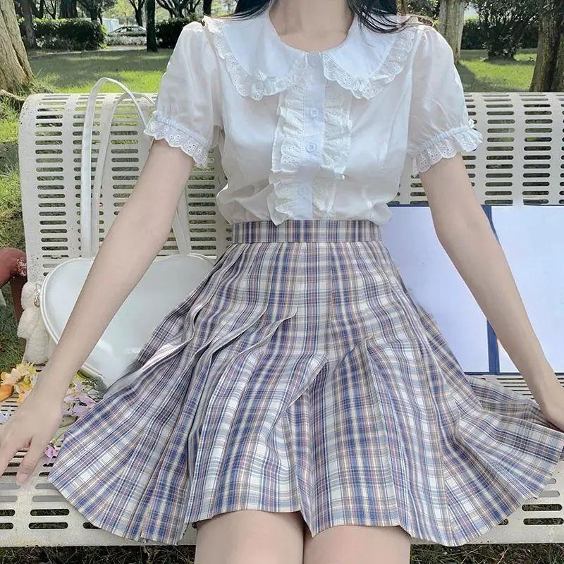Deeptown Kawaii Lolita Blusen für Damen, weiß, süße Spitzentops, Rüschenhemden, Vintage, Puffärmel, japanischer Preppy-Style, süße Tops